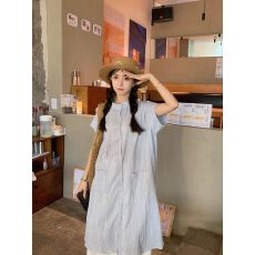 甜美学院风叠穿两件套装蓝色条纹衬衫连衣裙子蕾丝半身裙女