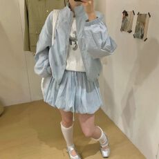 批发夏季韩系薄款立领长袖防晒衣花苞高腰半身裙洋气减龄两件套装女潮