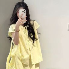 批发夏季甜美韩风宽松系带衬衫+短裤孕妇小个子套装时尚小众法式