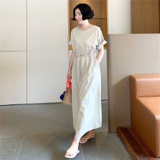批发<b class='q'>韩国</b>chic夏季复古小众简约纯色腰松紧宽松泡泡袖长款拼接<b class='q'>连衣裙</b>女