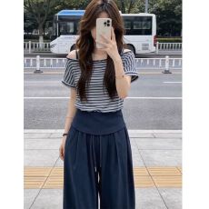 批发韩系休闲炸街套装女2026夏季新款假两件条纹露肩上衣阔腿裤
