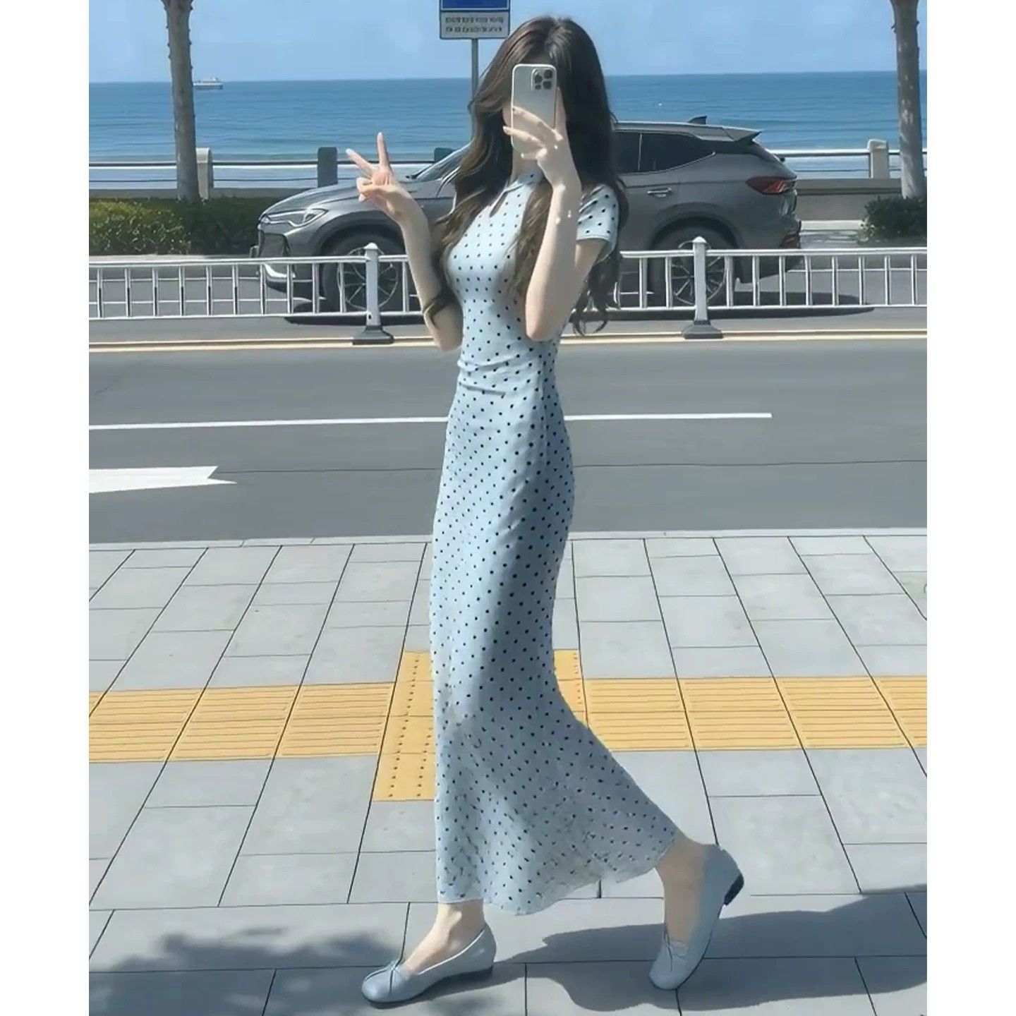 프랑스식 파란색 도트 무늬 반팔 치파오 여성 드레스 여름 아름다운 자이언트 잘 생긴 품격 몸매 가꾸기 타이트 스커트 길다 치마