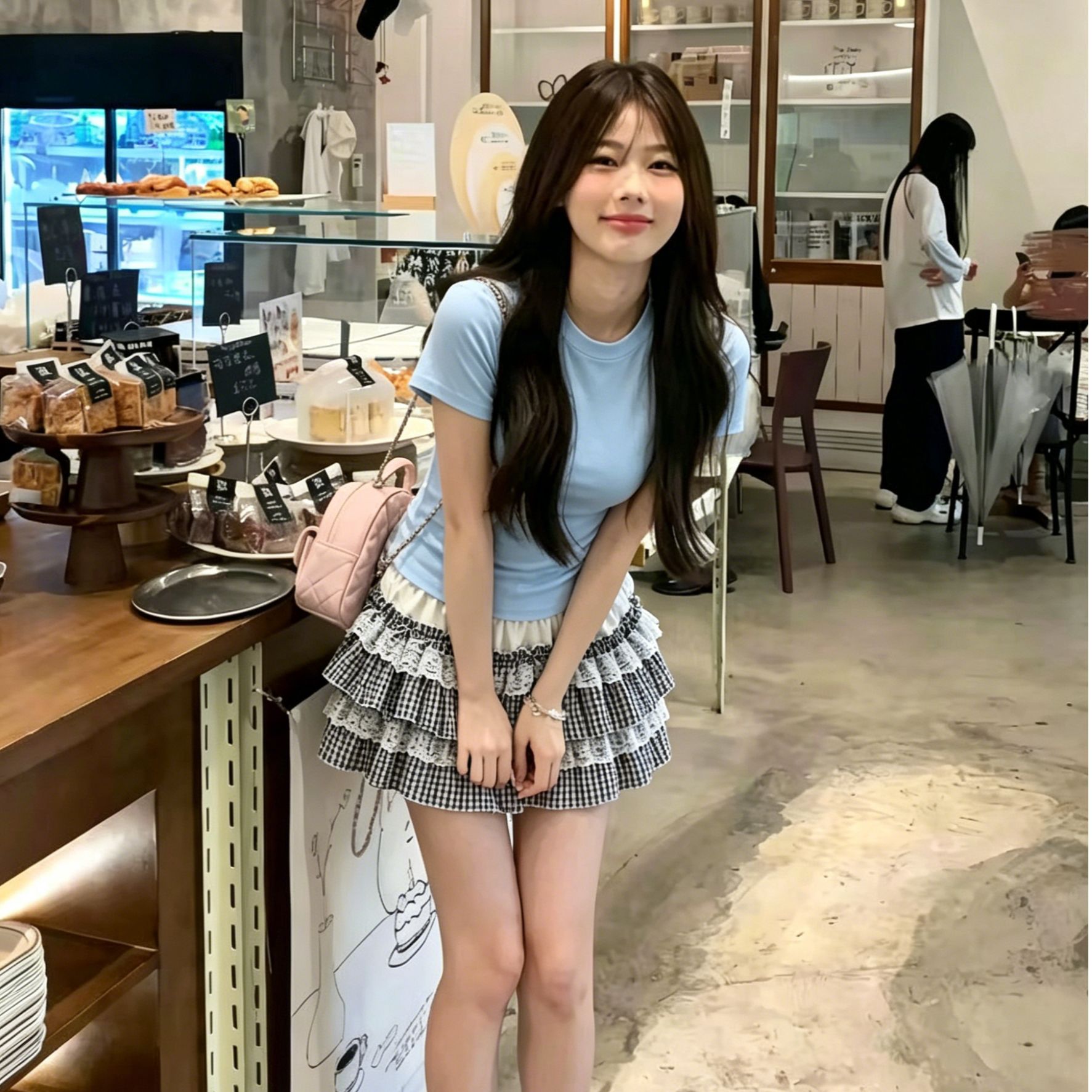 한 부서 순수한 욕망 달콤한 자매 세트 여성 여름 새로운 긍정적 인 어깨 하늘색 반팔 t 셔츠 레이스 케이크 드레스