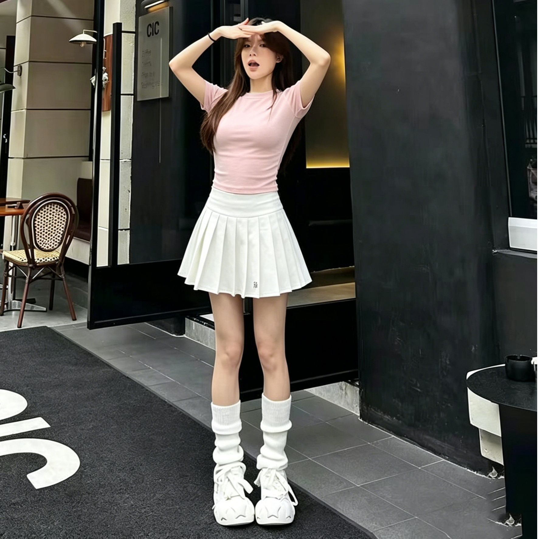 작은 키 한 부서 달콤한 자매 핫걸 세트 핑크색 긍정적 인 어깨 반팔 하이웨이스트 플리츠 미니 스커트 여름 투피스 세트