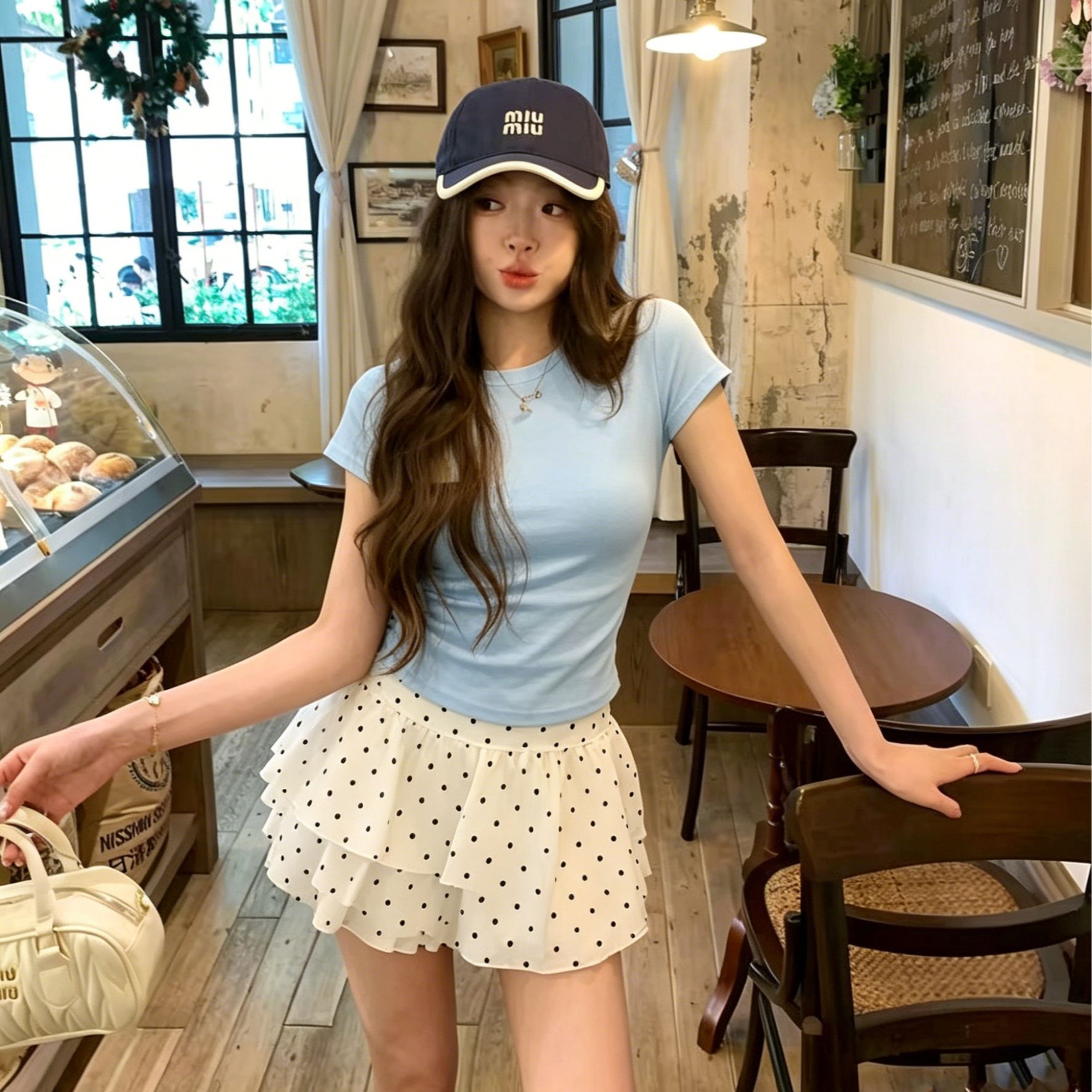 한 부서 산소 센스 우유 파란색 몸매 가꾸기 t 셔츠 세트 도트 무늬 이중층 케이크 드레스 달콤함 투피스 세트