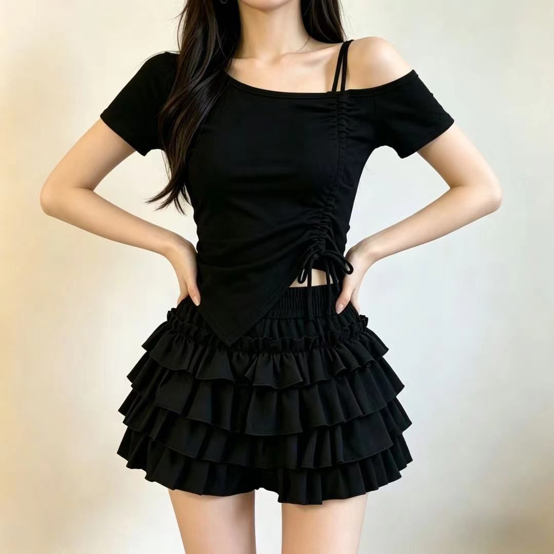 검정색 케이크 퍼프 스커트 달콤함 반신 스커트 슬림해 보이는 노출 방지 비스듬한 칼라 펌프 로프 반팔 맨위 세트 여성