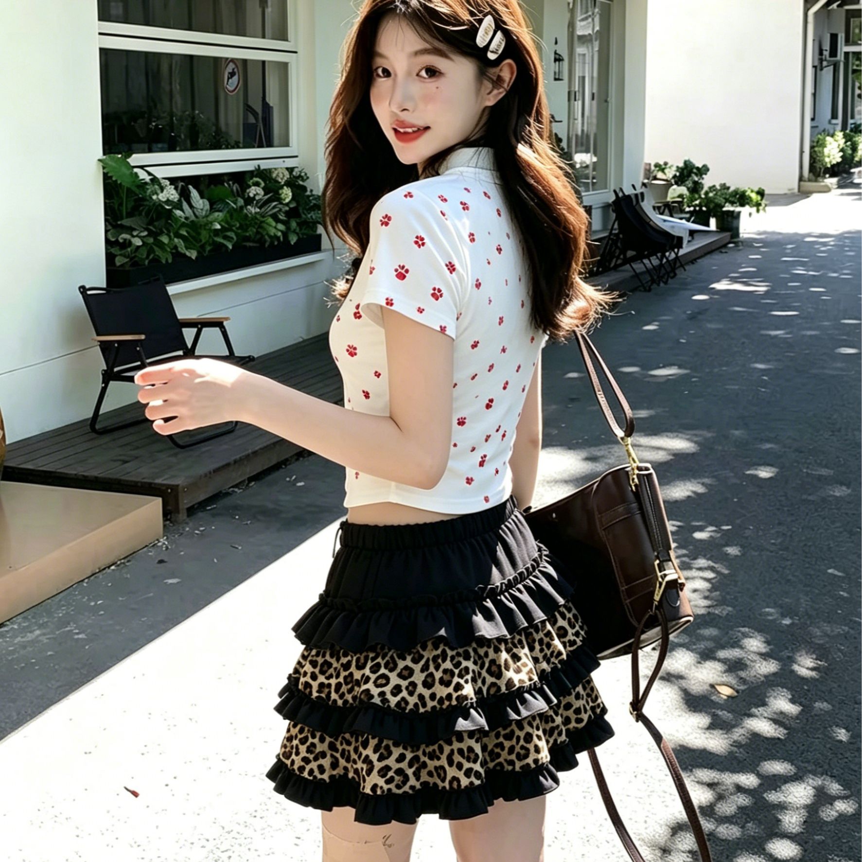순수한 욕망 핫걸 세트 고양이 발톱 프린트 티셔츠 여성 여름 레오파드 무늬 패치워크 프릴 케이크 퍼프 스커트 투피스 세트