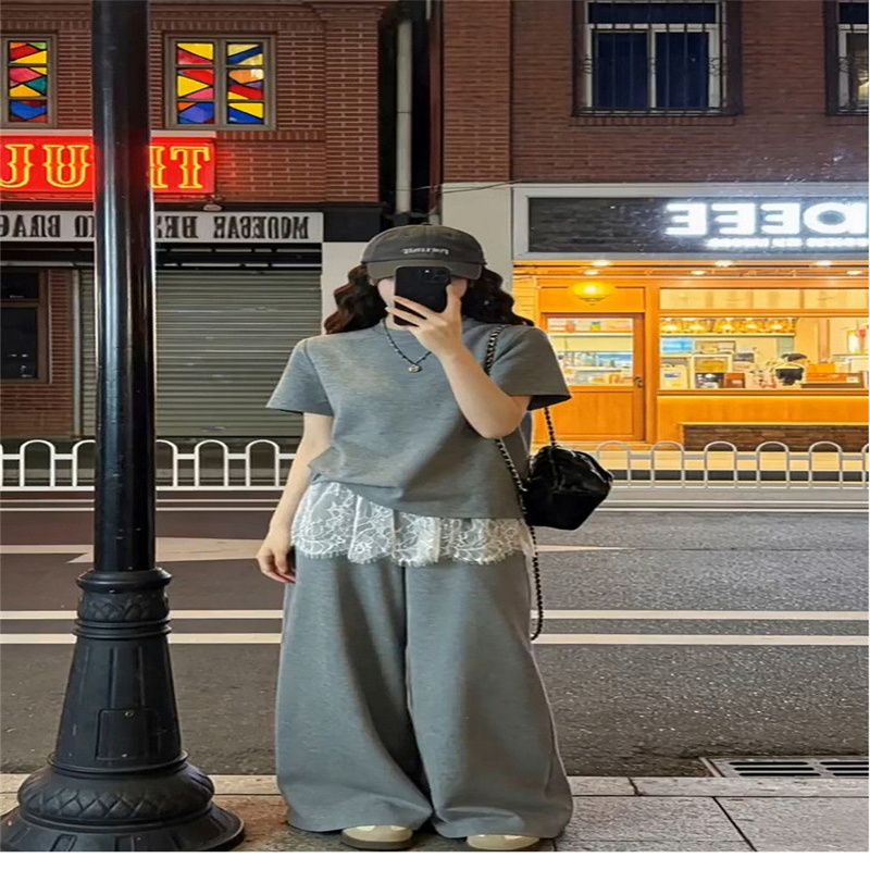 지방 mm 빅 사이즈 300 근 여름 새로운 루즈핏 한 부서 자이언트 잘 생긴 ~ 중 전체 집합 회색 스포츠 슈트 여성