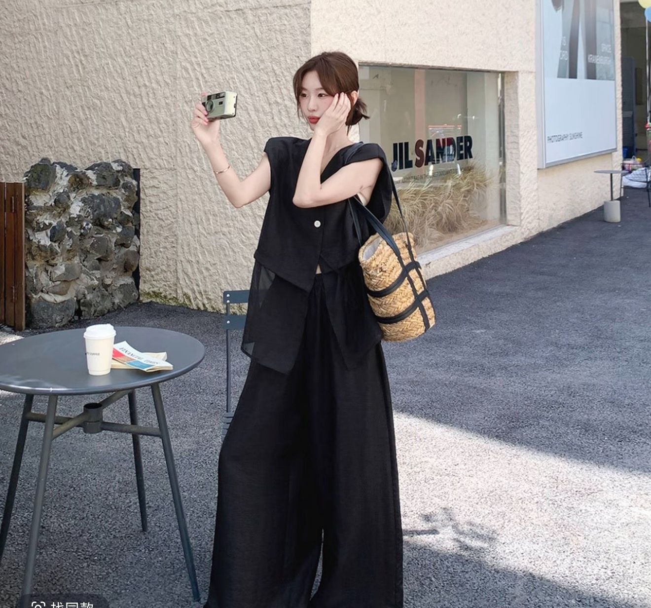 와이드 레그 팬츠 세트 여성 빅 사이즈 여성 의류 망사 패치워크 검정색 셔츠 2026 새로운 빛 요리 한 작은 대중 투피스 세트