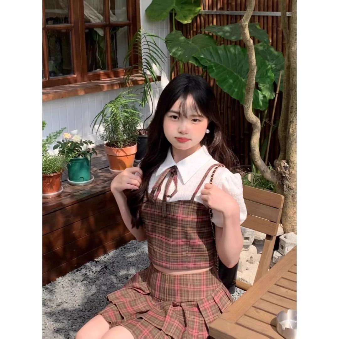 레트로 작은 키 착용 가져 가라. 디자인 센스 작은 대중 체크무늬 패치워크 페이크 레이어드 셔츠 케이크 드레스 투피스 슈트 여성 여름