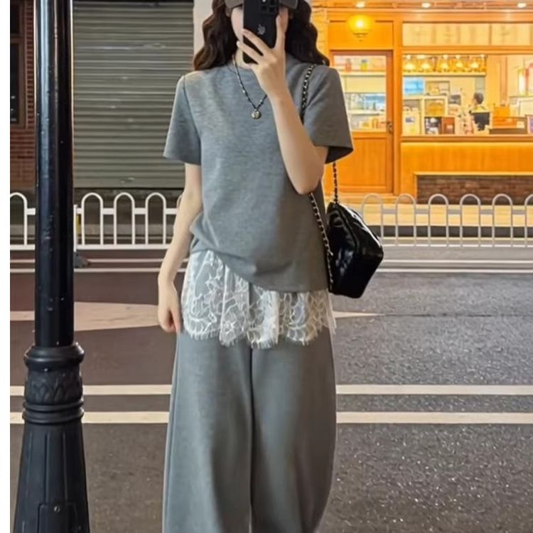 한 부서 그레이트 통해보기 가져 가라. 전체 집합 다용도 새로운 회색 반팔 맨위 여성 여름 와이드 레그 팬츠 투피스 슈트