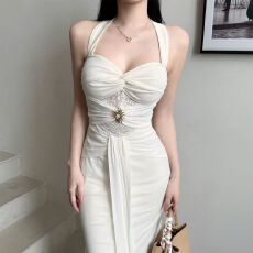 批发法式气质高级希腊女神收腰鱼尾挂脖外穿晚礼服收腰吊带包臀长裙子