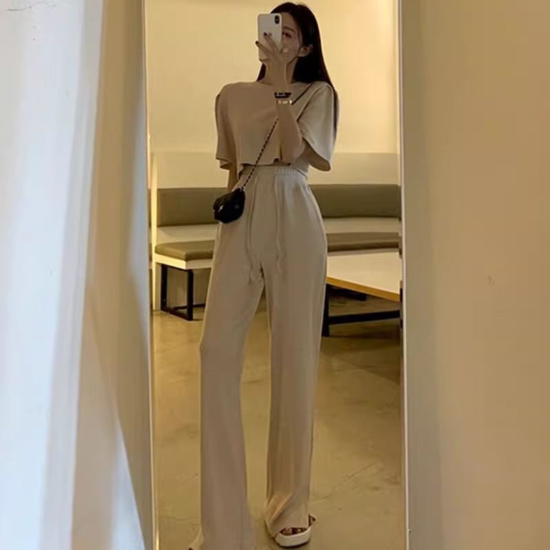 한국 chic 여름 미니멀리즘 라운드 넥 단색 풀오버 반팔 티셔츠 하이웨이스트 레이스업 트임 와이드 레그 팬츠 긴 바지 여성
