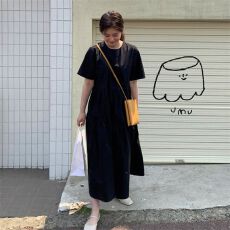批发赫本风黑色连衣裙女夏2026新款韩版宽松显瘦短袖气质大码a字长裙