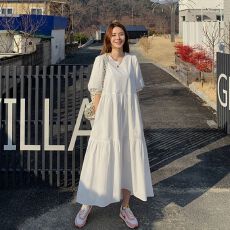 批发韩国宽松白色连衣裙女大码气质淑女中袖A字仙女裙子到脚踝长裙夏