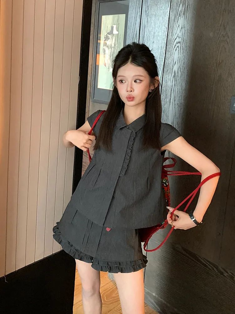 캘리포니아 주 한여름 밤 한 부서 품격 연령 감소 레트로 장난기 넘치는 레이스 작은 셔츠 맨위 치마바지 투피스 세트