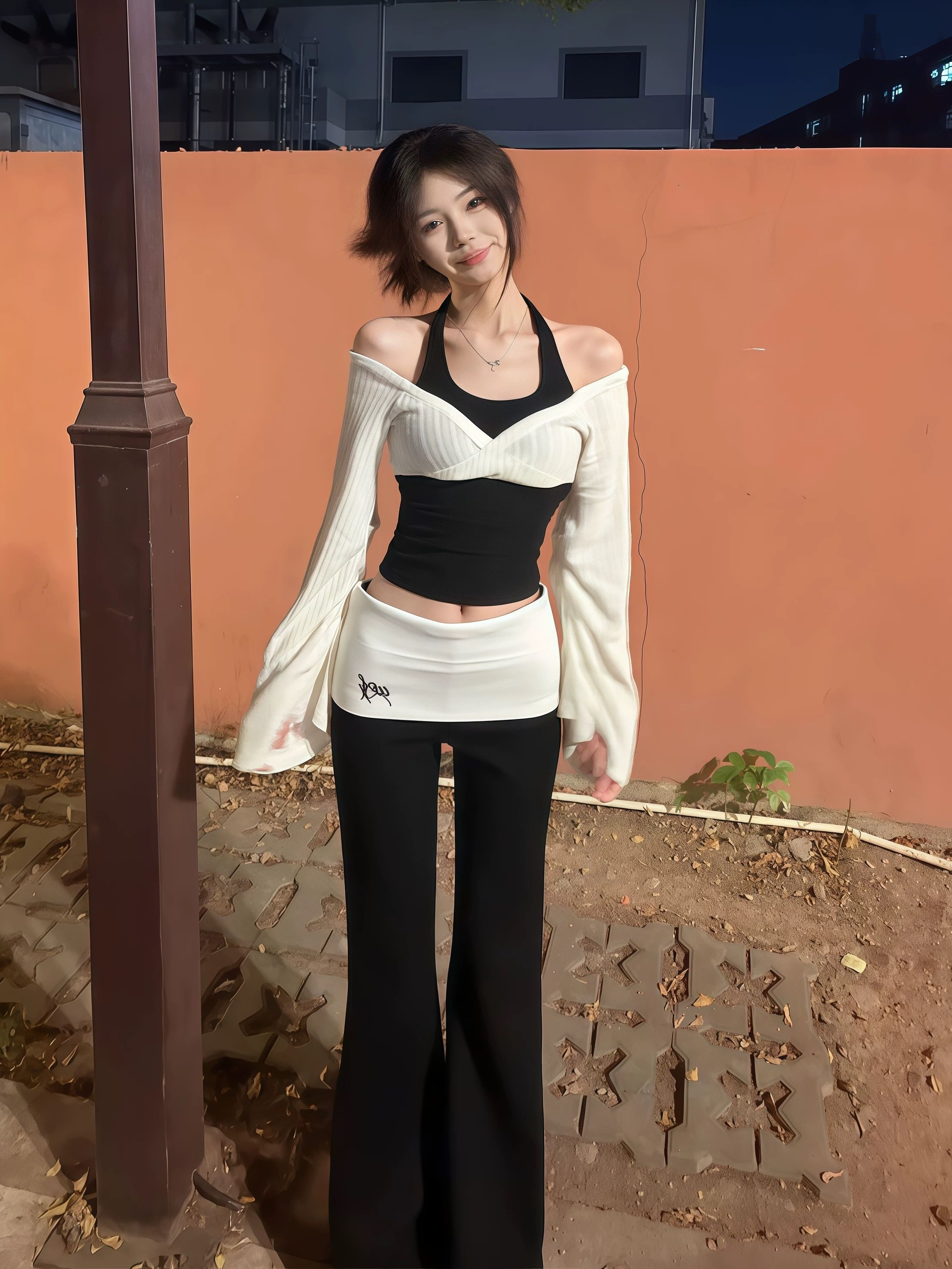 순수한 욕망 바람 페이크 레이어드 행침 목 오프숄더 긴팔 맨위 여성 봄 새로운 하이웨이스트 몸매 가꾸기 슬림해 보이는 캐주얼 바지 세트