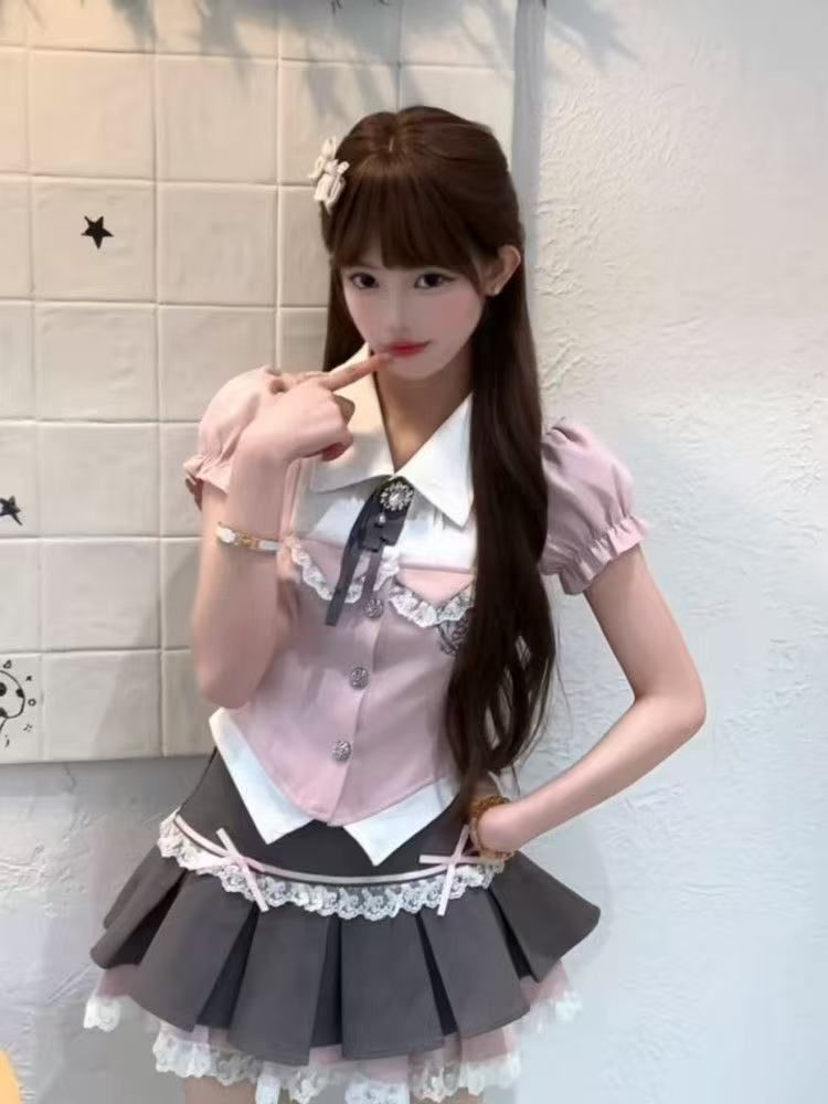 달콤함 부서 학원 스타일 숲속 소녀 세트 드레스 배색 연령 감소 오픈 가디건 맨위 레이스 측면 슬림해 보이는 반신 스커트 투피스 세트