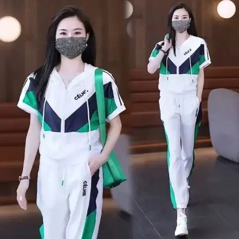여름 새로운 캐주얼 운동 패션 외국 가스 루즈핏 패치워크 색상 슬림해 보이는 긴 바지 세트 운동 캐주얼 세트