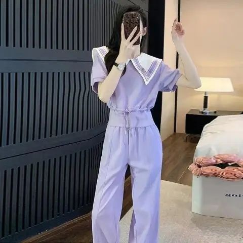 운동 캐주얼 세트 여성 여름 패션 연령 감소 해군 칼라 반팔 와이드 레그 팬츠 투피스 세트 외국 가스