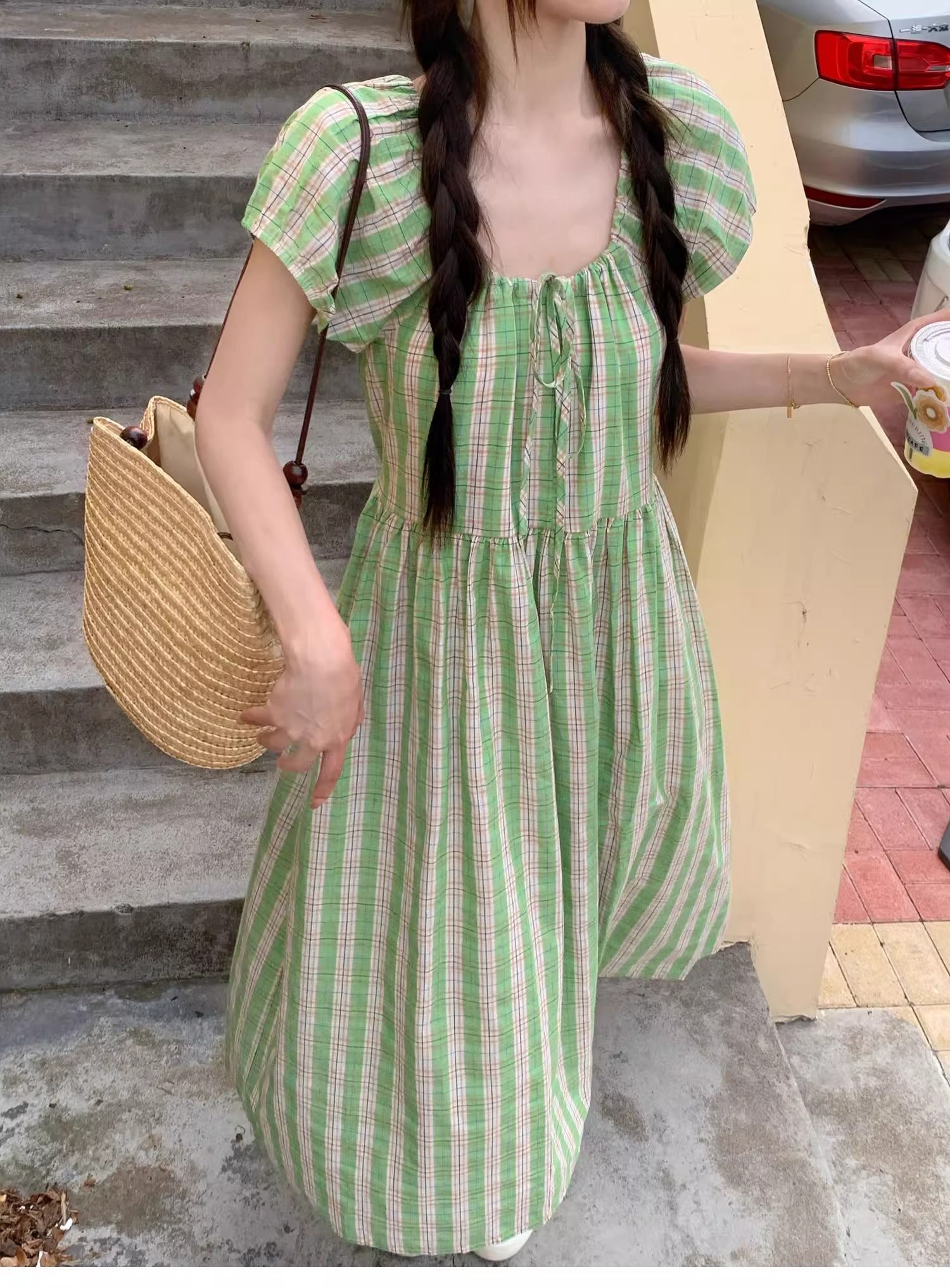 꿀 멜론 우유 녹색 무거운 작업 꿀 멜론 녹색 일본식 체크무늬 수 있습니다. 펌프 로프 레이스업 드레스