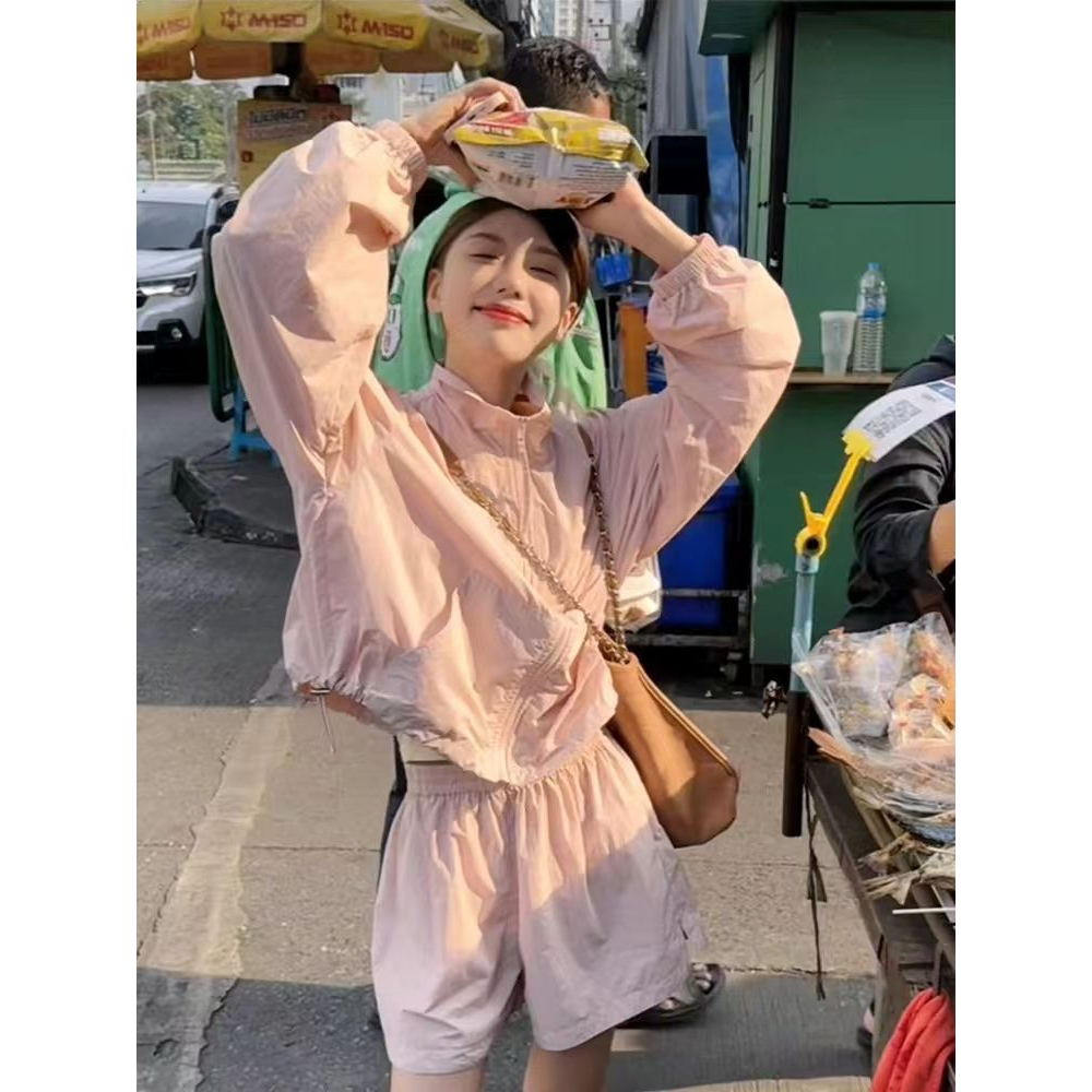 여름 속도 건조한 자외선 차단 세트 여성 운동 박쥐 셔츠 한 부서 루즈핏 반바지 투피스 세트 작은 키 2026 새로운
