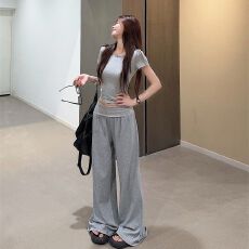 批发甜美套<b class='q'>装</b>收腰修身短袖短款T恤女<b class='q'>夏季</b>垂感休闲<b class='q'>裤</b>直筒阔腿<b class='q'>裤</b><b class='q'>两件套</b>