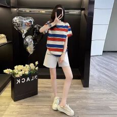 批发2026夏季新款两件套红蓝撞色<b class='q'>条纹</b>短袖t恤女白色短裤子休闲运动服