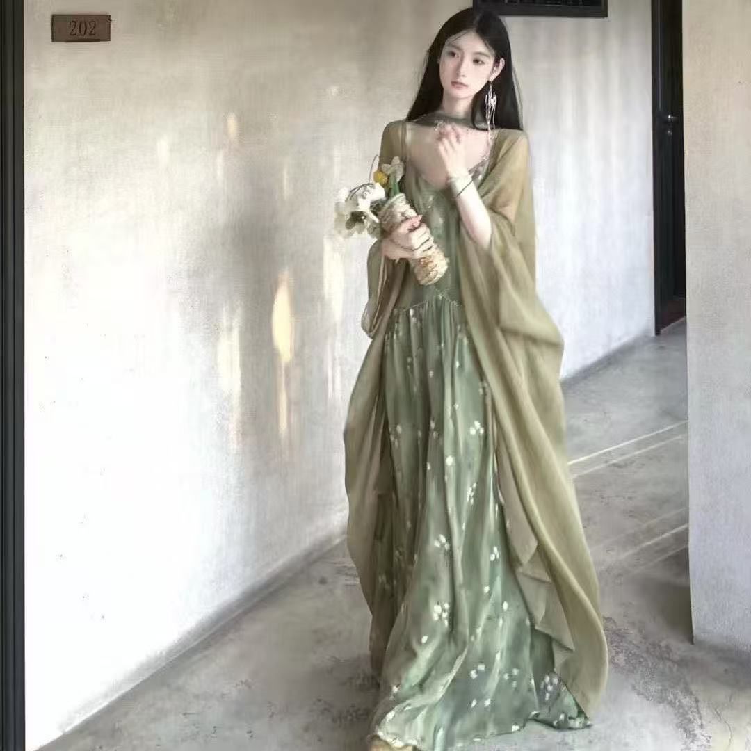 국풍 새로운 중식 감기 센스 레트로 꽃무늬 슬립 드레스 품격 롱 스커트 얇은 스타일 카디건 코트 투피스 세트