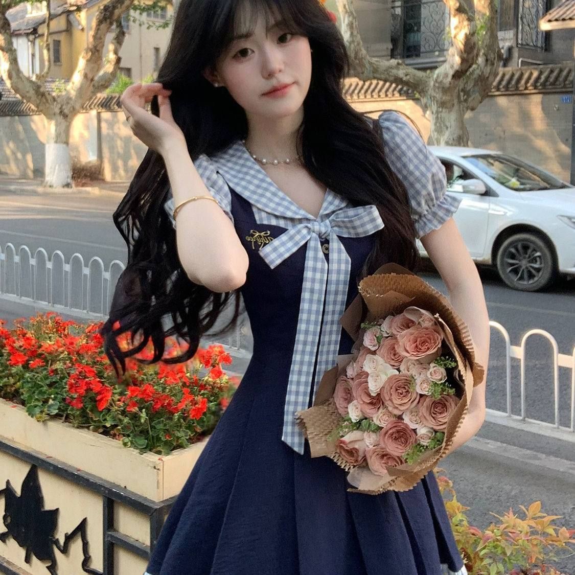여름 새로운 한 부서 학원 스타일 패션 연령 감소 디자인 나비 매듭 페이크 레이어드 드레스 여자 학생 A라인 스커트