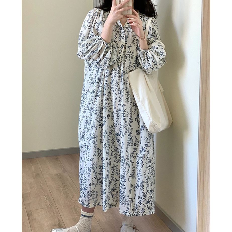 봄 여름 프랑스식 루즈핏 연령 감소 거품 소매 여성 드레스 여름 부드러운 품격 레이스업 슬림해 보이는 꽃무늬 치마