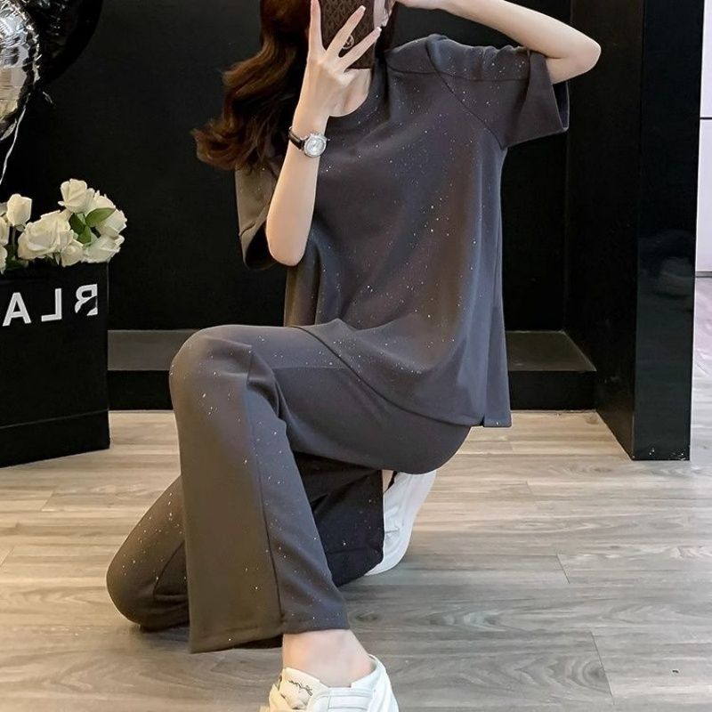 새로운 작은 키 단색 개성 미니멀리즘 명문 여성 반팔 티셔츠 와이드 레그 팬츠 캐주얼 스포츠 슈트 여성