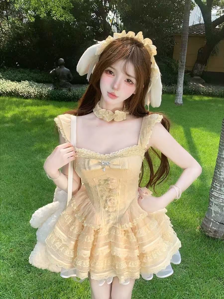 한 부서 레이스 레이스 패치워크 슬립 드레스 꽃밭 반바지 품격 공주 케이크 드레스 전체 집합