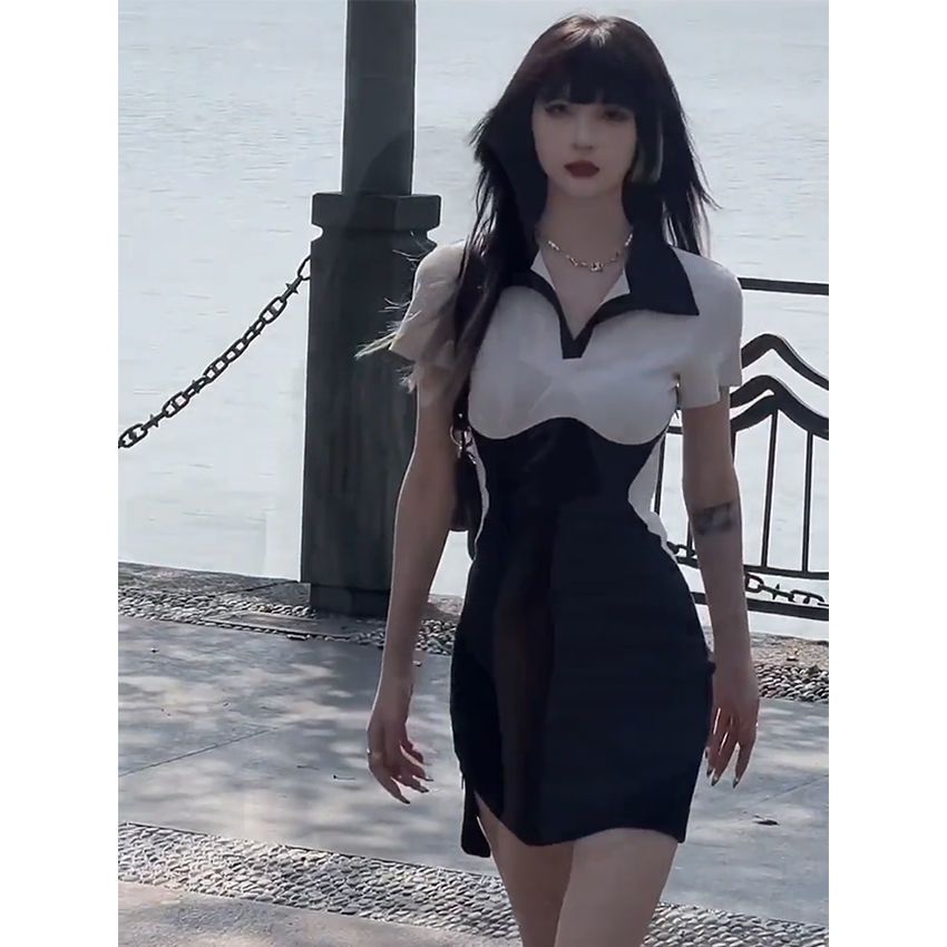 여름 순수한 욕망 바람 비전 마술사 검정색 학원 스타일 패치워크 색상 디스플레이 가슴 캐주얼 반팔 여성 드레스