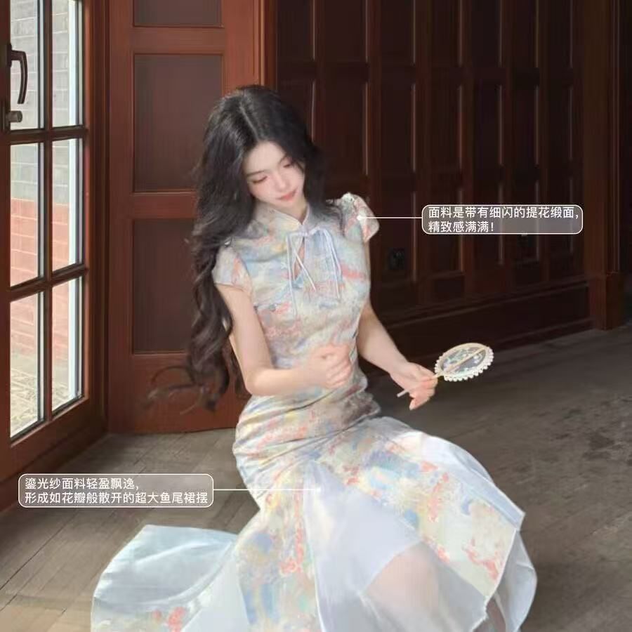 원 웨이 새로운 중식 바람 그라데이션 프린트 패치워크 레이스 개선 치파오 드레스 생일 예복 품격 롱 스커트