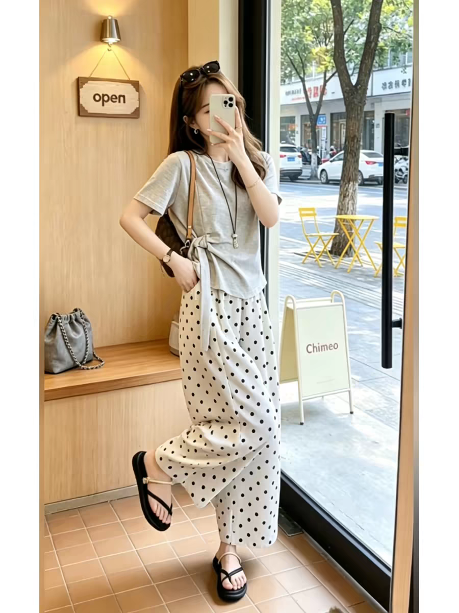자이언트 잘 생긴 ootd 착용 가져 가라. 전체 집합 2026 새로운 회색 반팔 티셔츠 여성 여름 와이드 팬츠 투피스 슈트