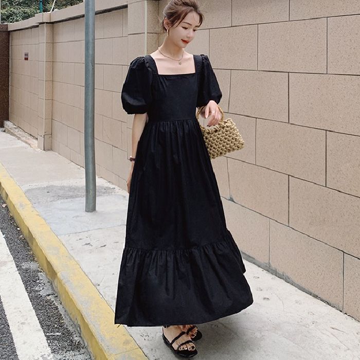 검정색 광장 칼라 여성 드레스 여름 품격 여신 팬 2026 새로운 프랑스식 그는 벤 바람 캄파넬라 세과 슬림해 보이는 롱 스커트
