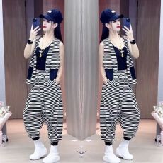 批发【色织条珠地】条纹时尚<b class='q'>套装</b>女夏季新款马甲<b class='q'>哈伦裤</b>休闲宽松三件套