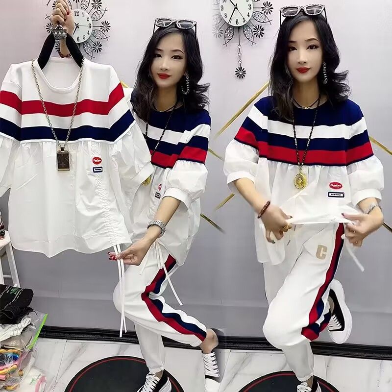 모방 주간 실크 사선 무늬 당겨 프레임 봄 여름 새로운 패션 세트 여성 루즈핏 빅 사이즈 품격 표지 배 투피스 세트