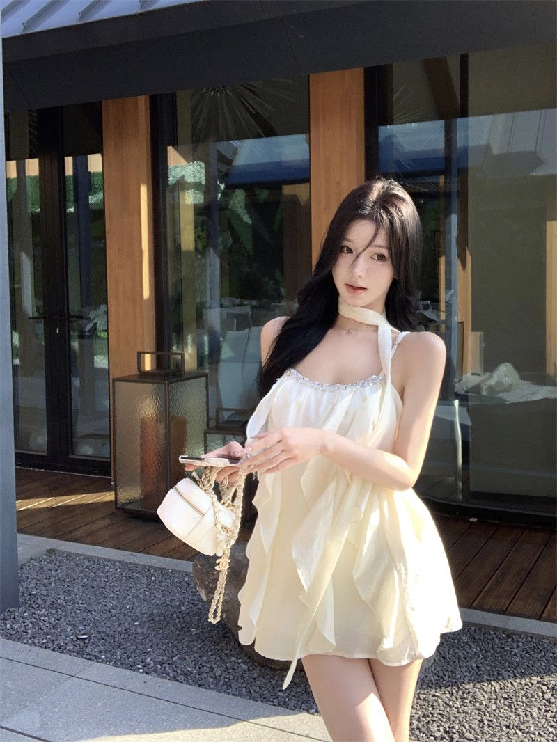 프랑스식 살구 색상 못 훈련 슬립 여성 드레스 여름 프릴 루즈핏 미니 스커트 디자인 센스 순수한 욕망 한 마디 치마