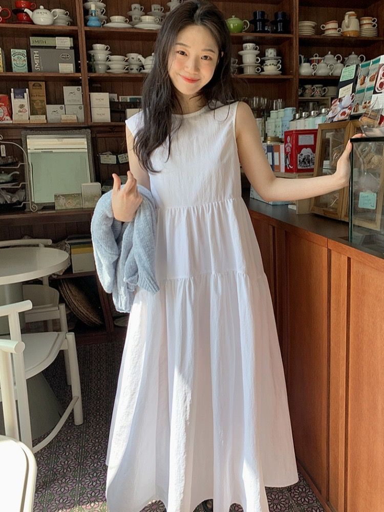 한국 chic 여름 새로운 익스트림 제인 지배 프랑스식 소녀 센스 주름 루즈핏 슬림해 보이는 민소매 케이크 드레스