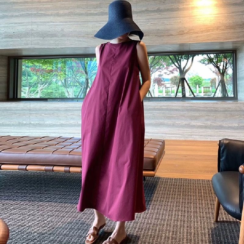 한 부서 chic 여름 레트로 느긋한 바람 라운드 넥 루즈핏 캐주얼 단색 민소매 조끼 원피스 롱 스커트 여성