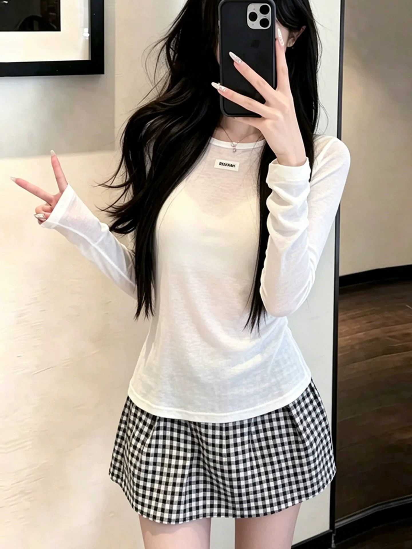 한 부서 부드러운 바람 반투명 긴팔 라운드 넥 슬림해 보이는 미니멀리즘 다용도 자외선 차단 티셔츠 맨위 슬림해 보이는 반신 스커트