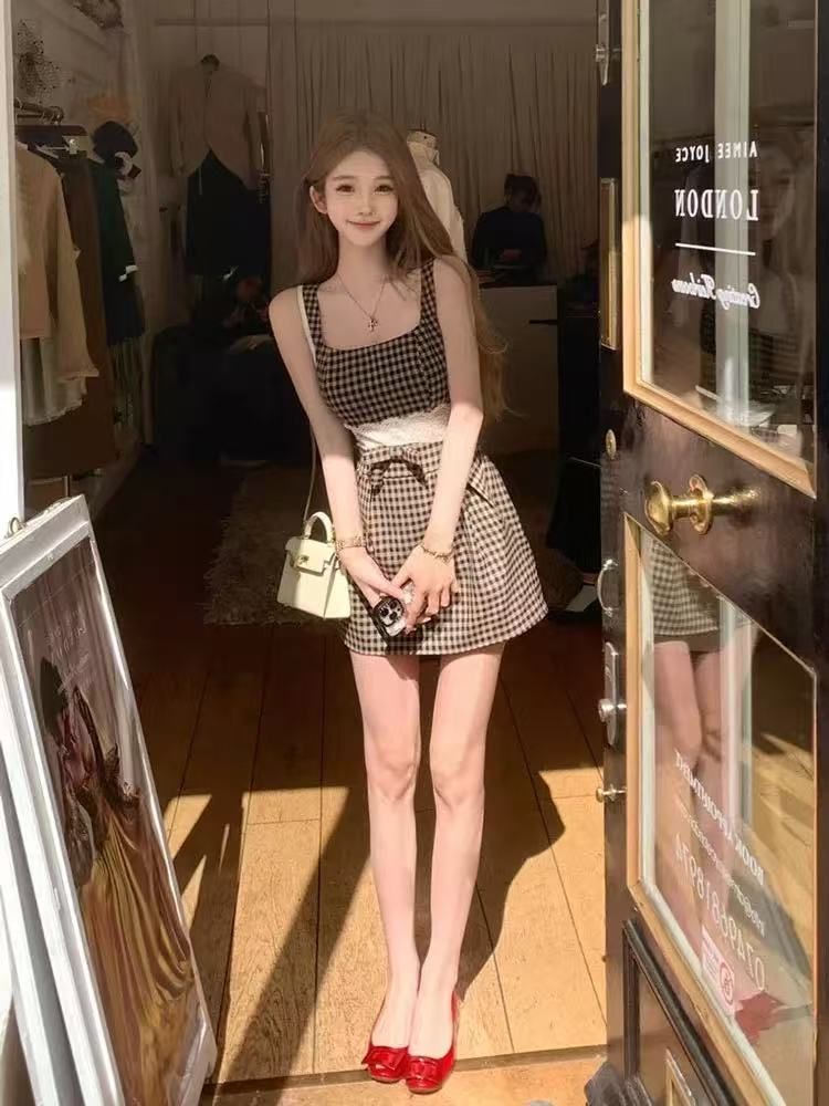 원본 원단 있음 지퍼 레이스 광장 칼라 여성 드레스 여름 섹션 허리 수축 체크무늬 달콤한 매운맛 슬립 미니 스커트 트렌디