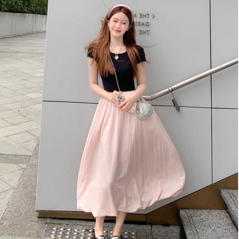 프랑스식 부드러운 바람 드레스 배색 니트 패치워크 여성 드레스 여름 디자인 센스 꽃밭 롱 스커트