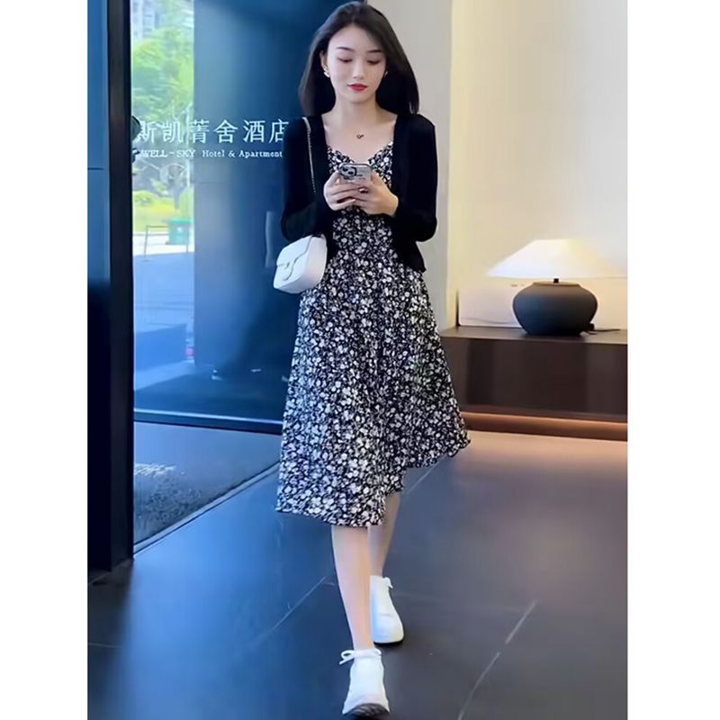 봄 여름 새로운 슬립 꽃무늬 드레스 여성 긴 소매 자외선 차단 오픈 가디건 투피스 세트