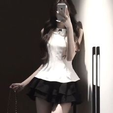 批发miu系ootd一整套蝴蝶结无袖上衣黑色半裙女夏日独特绝美穿搭套装