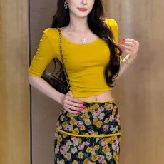 批发辣妹黄色T恤女莫奈油画风碎花长裙上衣两件套