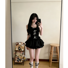 批发巨好看的穿搭一整套辣妹蝴蝶结吊带黑色套装裙直播上镜好看的衣服