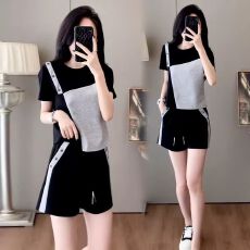 批发【仿棉斜纹拉架】时尚休闲套<b class='q'>装</b>女夏季新款拼接洋气<b class='q'>短袖</b>短<b class='q'>裤</b>两件套
